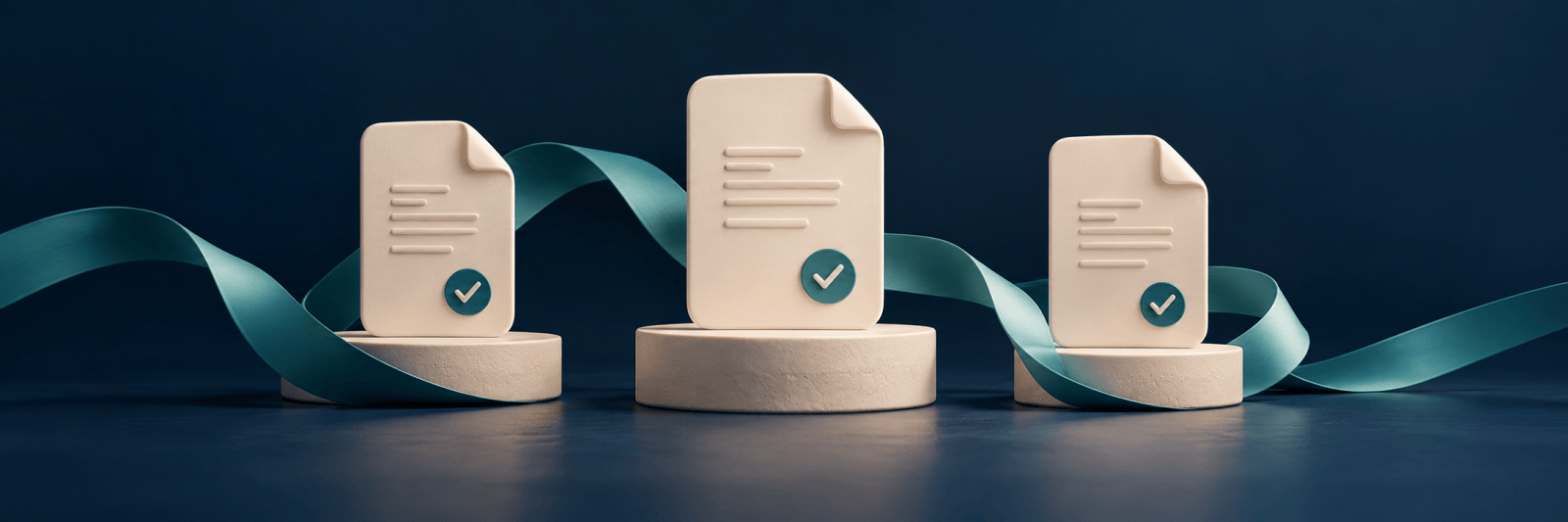 Three sculptural document cards with checkmarks against a navy background